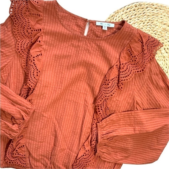 She + Sky Orange Boho Ruffle Eyelet Stripe Blouse Size Small Boho Chic - Picture 17 of 17